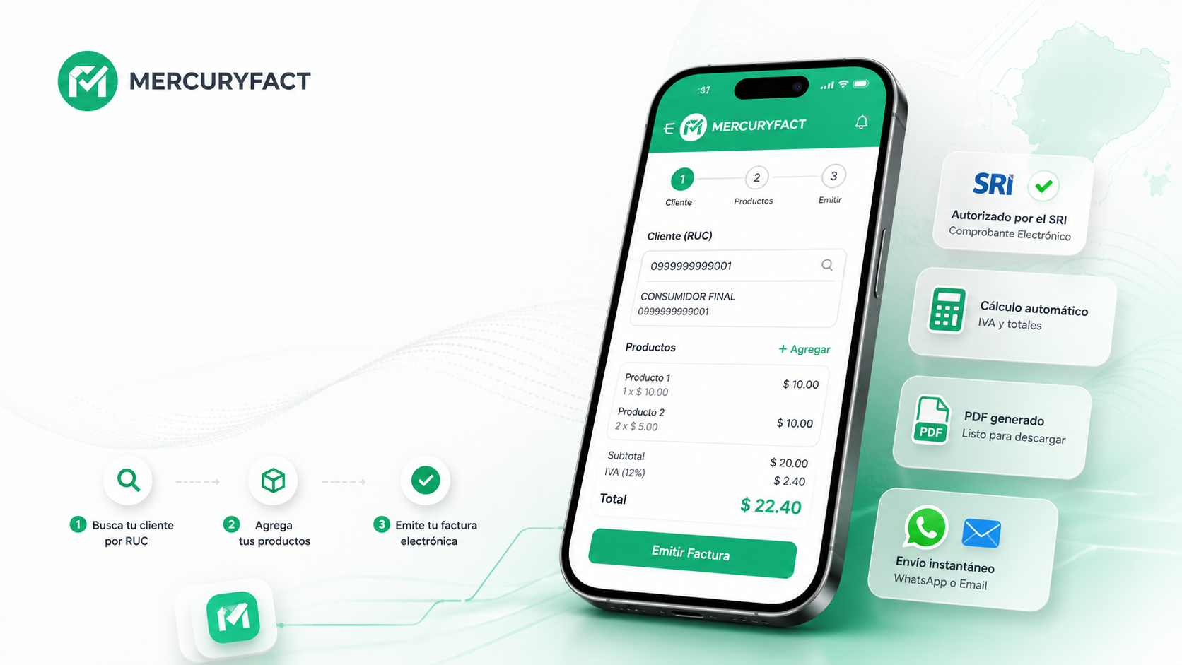 MercuryFact: busca cliente, agrega productos, emite la factura electrónica